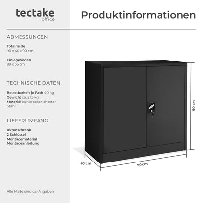 tectake® Metall Aktenschrank abschliessbar 90x40x90 cm - Schwarz