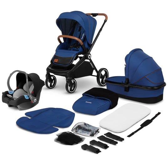 LIONELO Mika 3in1 Kinderwagen Set Babyschale - Blue Navy, ein dunkelblaues Kombi-System. Zum Transport von Babys im Auto und als Kinderwagen.
