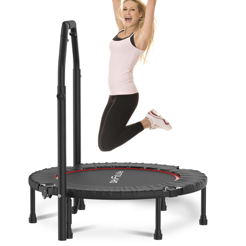 DH FitLife Fitness Trampolin klappbar Ø102cm – Handgriff. Rund, schwarz, klappbar, mit Haltegriff. Für gelenkschonendes Herz-Kreislauf-Training.