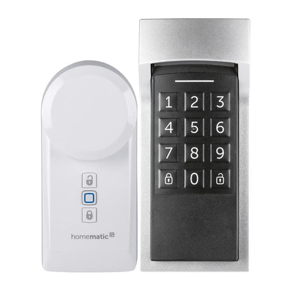 Homematic IP Türschlossantrieb Smart Lock – mit Keypad. Kompakt, weiß-grau, mit zugehörigem flachen Keypad. Ermöglicht schlüssellosen Zugang per PIN.