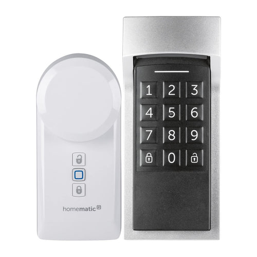 Homematic IP Türschlossantrieb Smart Lock – mit Keypad. Kompakt, weiß-grau, mit zugehörigem flachen Keypad. Ermöglicht schlüssellosen Zugang per PIN.