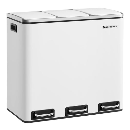 SONGMICS Mülltrennsystem Treteimer 3x18L, 3 Fächer, Wolkenweiss. Zur separaten Sammlung von Wertstoffen und Restmüll.