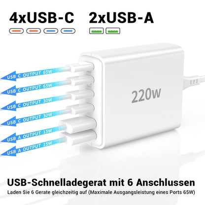 Ombrex USB-C Ladegerät 220W, 6-Port Schnellladegerät mit PD & QC
