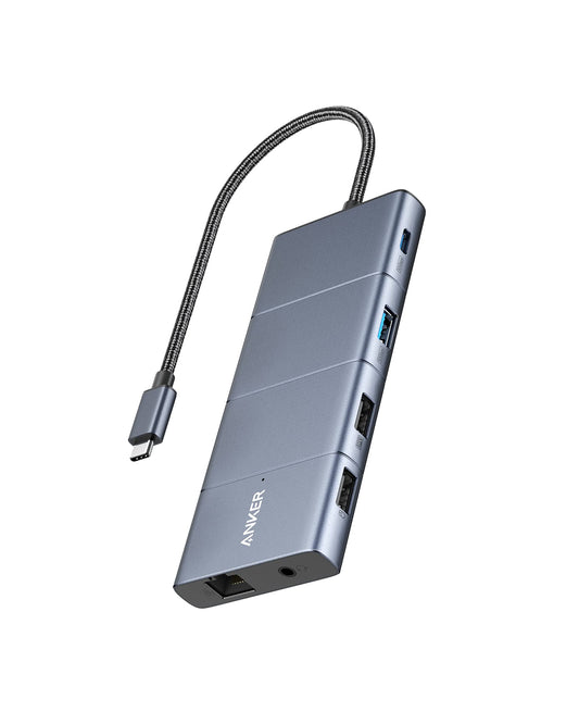 Anker 565 USB-C Dockingstation – 11-in-1 Hub mit 100W PD. Rechteckig, grau. Erweitert Konnektivität und lädt Laptop per USB-C.