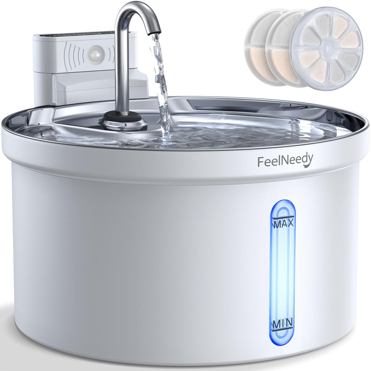 FEELNEEDY Katzenbrunnen 3,5 L Edelstahl, kabellos mit Sensor und Akku – Trinkbrunnen mit Edelstahlschale