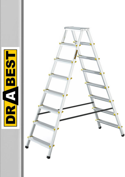 DRABEST PRO Serie Alu Trittleiter beidseitig - 8 Stufen. Aluminium-Trittleiter mit 8 Stufen, beidseitig begehbar, für Arbeiten in mittleren Höhen.