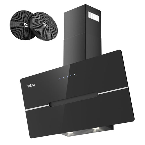IsEasy Kopffrei-Dunstabzugshaube 90cm 524m³/h – Schwarz. Schwarze, schräge Bauform entfernt Kochdünste über dem Kochfeld.