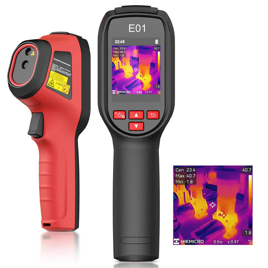 HIKMICRO E01 Wärmebildkamera - SuperIR 240x240 Laser. Handliche, schwarze Kamera mit Objektiv & Display. Erfasst Wärmebilder mit Laser zur präzisen Wärmeinspektion.