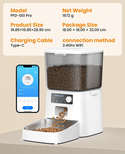 oneisall Futterautomat Katze WiFi 3,5 L, App-Steuerung, Edelstahlnapf