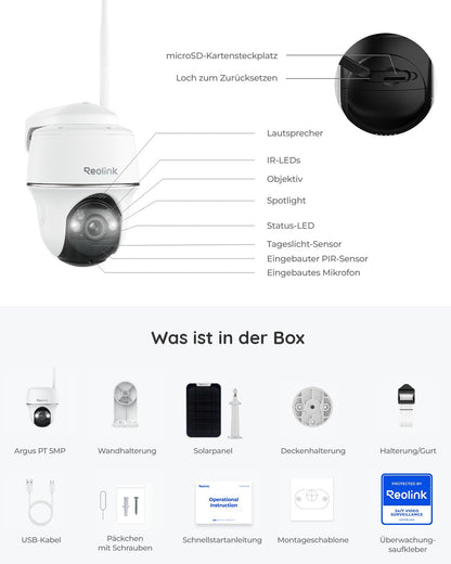 Reolink Argus PT 5MP PTZ WLAN Überwachungskamera mit Solarpanel