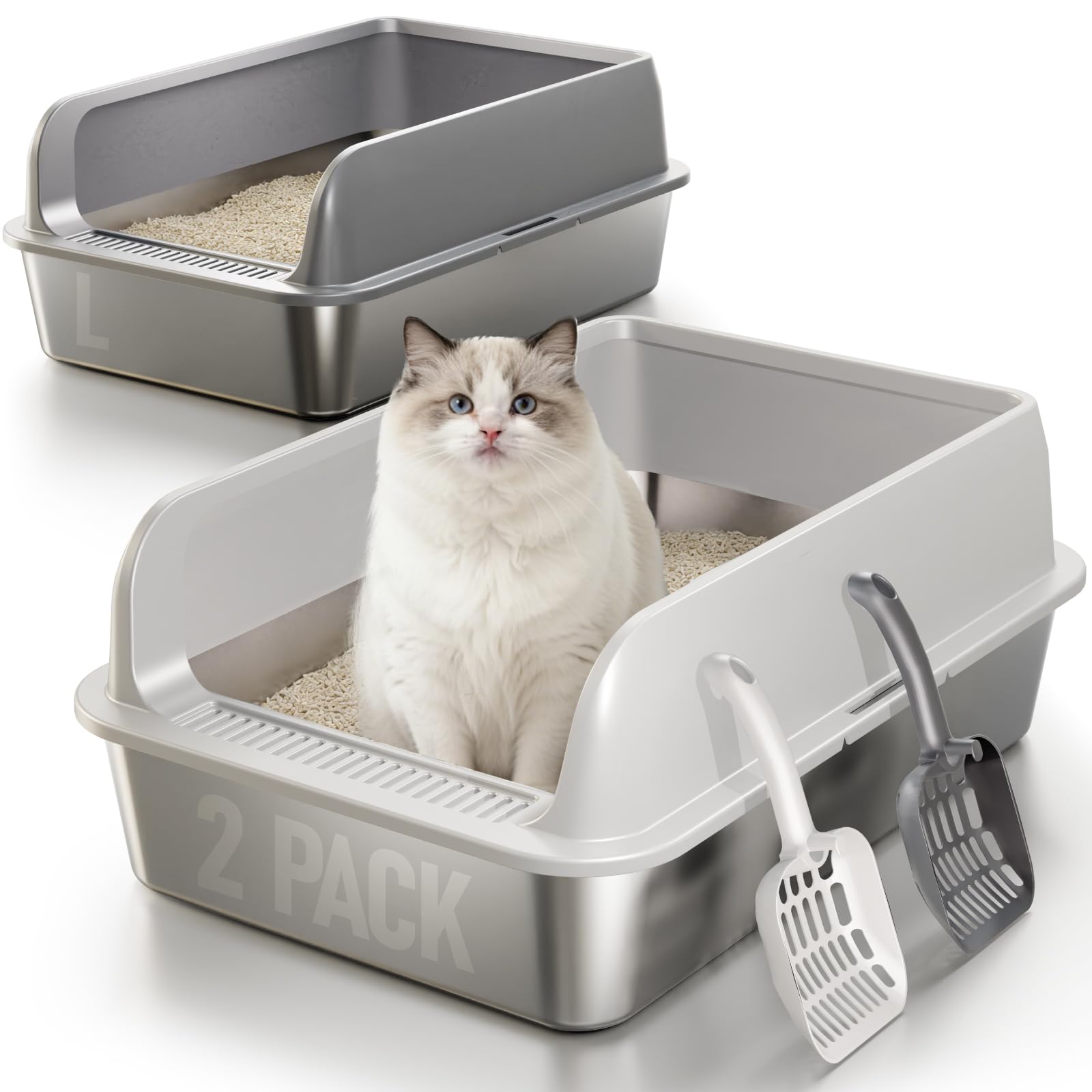 Fusblom Katzenklo Edelstahl mit Deckel, 2er-Set, Grösse L – Katzentoilette mit hohem Seitengehäuse und Streufang-Pedal