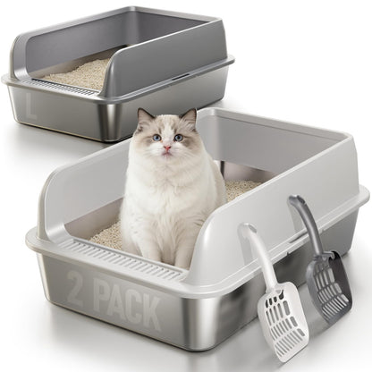 Fusblom Katzenklo Edelstahl mit Deckel, 2er-Set, Grösse L – Katzentoilette mit hohem Seitengehäuse und Streufang-Pedal