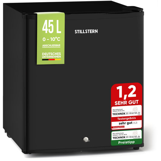 Stillstern Mini Kühlschrank E 45L – Abtauautomatik, Frostfach, weiß, rechteckig. Kühlt Getränke & Lebensmittel, für kompakte Nutzung.