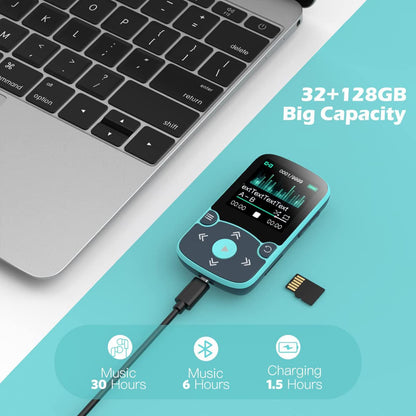 AGPTEK MP3-Player Bluetooth 32GB mit Clip, 1,5-Zoll-Display, Blau