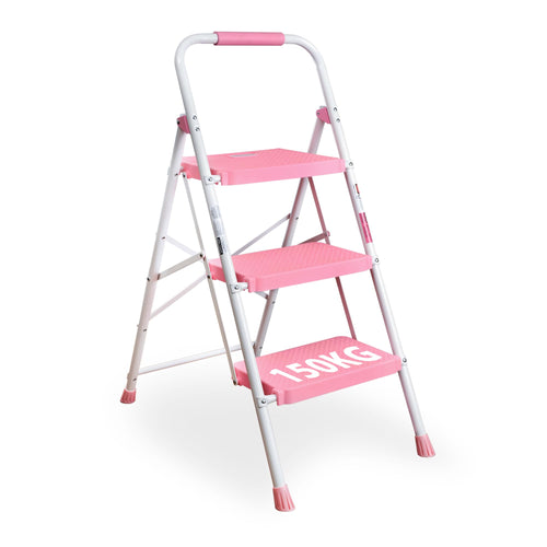 BONTEC Trittleiter 3 Stufen klappbar, Stahl-Tritt bis 150 kg, Rosa – breite Anti-Rutsch-Pedalen, Schwamm-Lenker