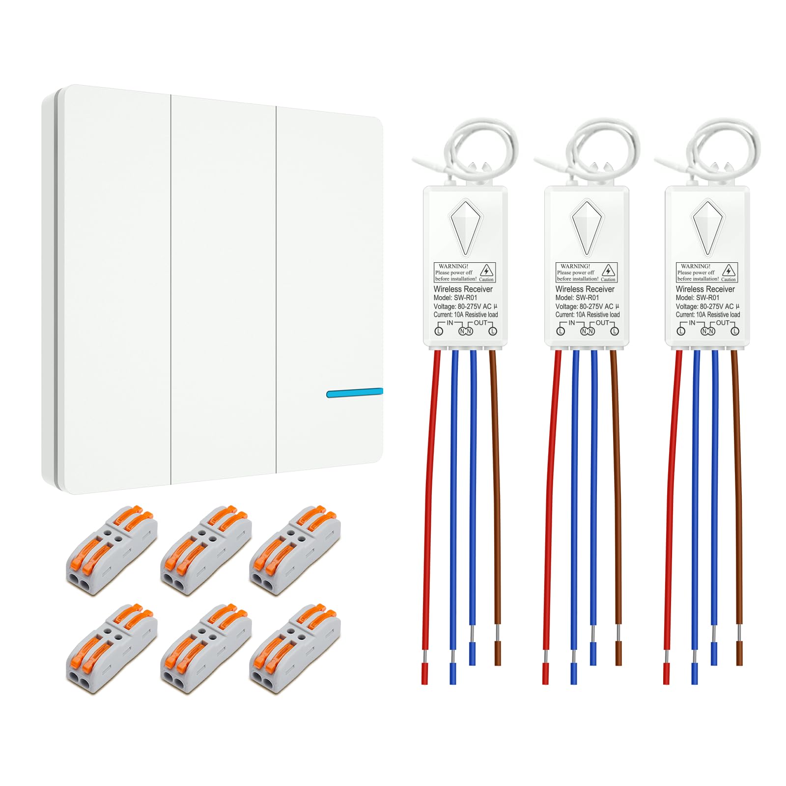 Thinkbee Funk Lichtschalter Set 230V, 3-fach mit 3 Empfängern, IP66 – Funktaster und Empfänger für Lampen
