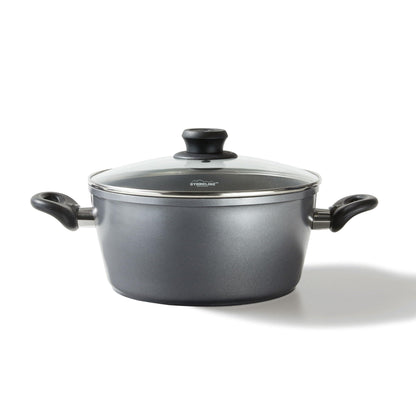 STONELINE XXL Aluguss Kochtopf Induktion 28 cm Grau mit Deckel. Großer, runder, grauer Topf mit Deckel zum Kochen auf Induktionsherden.