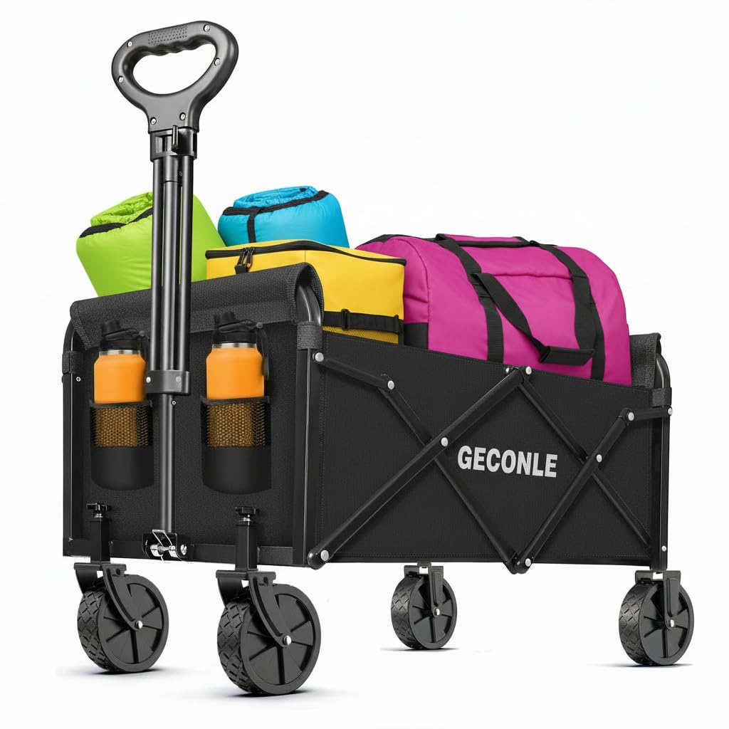 GECONLE Bollerwagen faltbar, Handwagen mit Getränkehalter, 100 kg – Stahlrahmen mit Oxford-Bezug