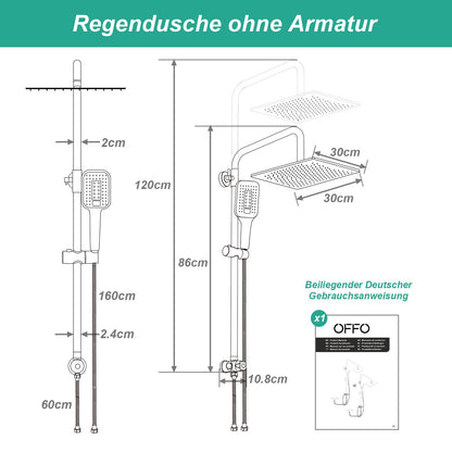 OFFO Regendusche Duschset Edelstahl 30x30 cm höhenverstellbar