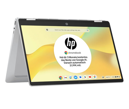 HP Chromebook x360 Convertible - 14" Touch N100 4GB 128GB Silber. Notebook, nutzbar als Laptop/Tablet für Chrome OS.