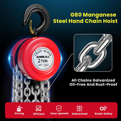 Anbull 2T Kettenzug Handseilwinde Flaschenzug Hebezug - 3m Kette