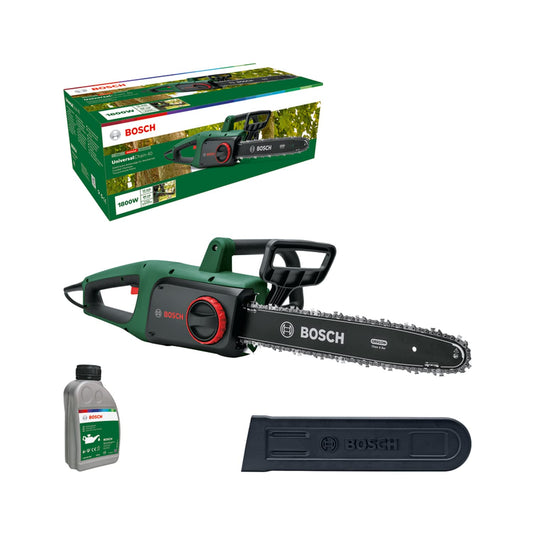 Bosch UniversalChain 40 Elektro Kettensäge - 40 cm Schwert: Grüne Elektrokettensäge mit 40 cm Führungsschiene zum Holzschneiden.