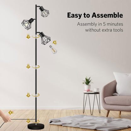 BBHome Industrielle Stehlampe verstellbare Käfigköpfe Schwarz