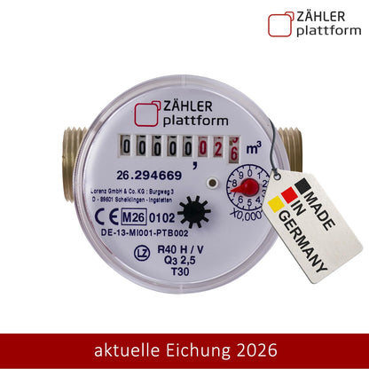 ZÄHLER plattform Wasserzähler Garten geeicht 2026 Wasseruhr MADE IN GERMANY Gartenwasserzähler Zapfhahn Qn 1,5 BL 80 mm 3/4 Zoll