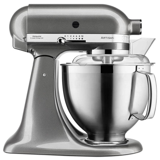 Kitchenaid 5KSM185PSEMS Küchenmaschine, grau, in Standmixer-Form. Zum Rühren, Kneten und Schlagen von Teigen und Zutaten.