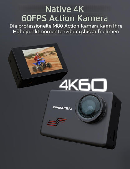 Apexcam M80 Action Cam 4K 60fps 48MP WLAN mit 64GB Karte und Zubehör