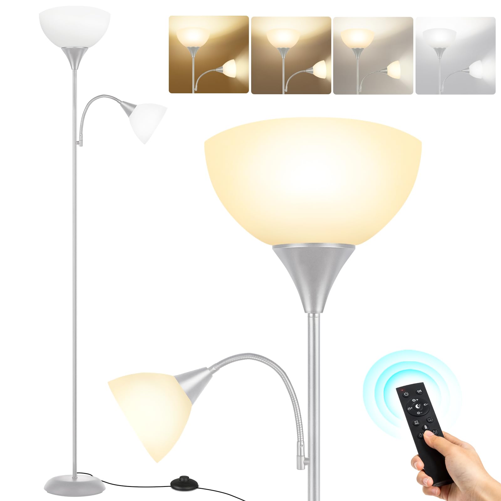 OUTON Stehlampe Leselampe Deckenfluter LED Dimmbar – Silber Grau. Silber graue Leuchte mit flexiblem Lesearm und Deckenfluter für dimmbares Raum- und Leselicht.