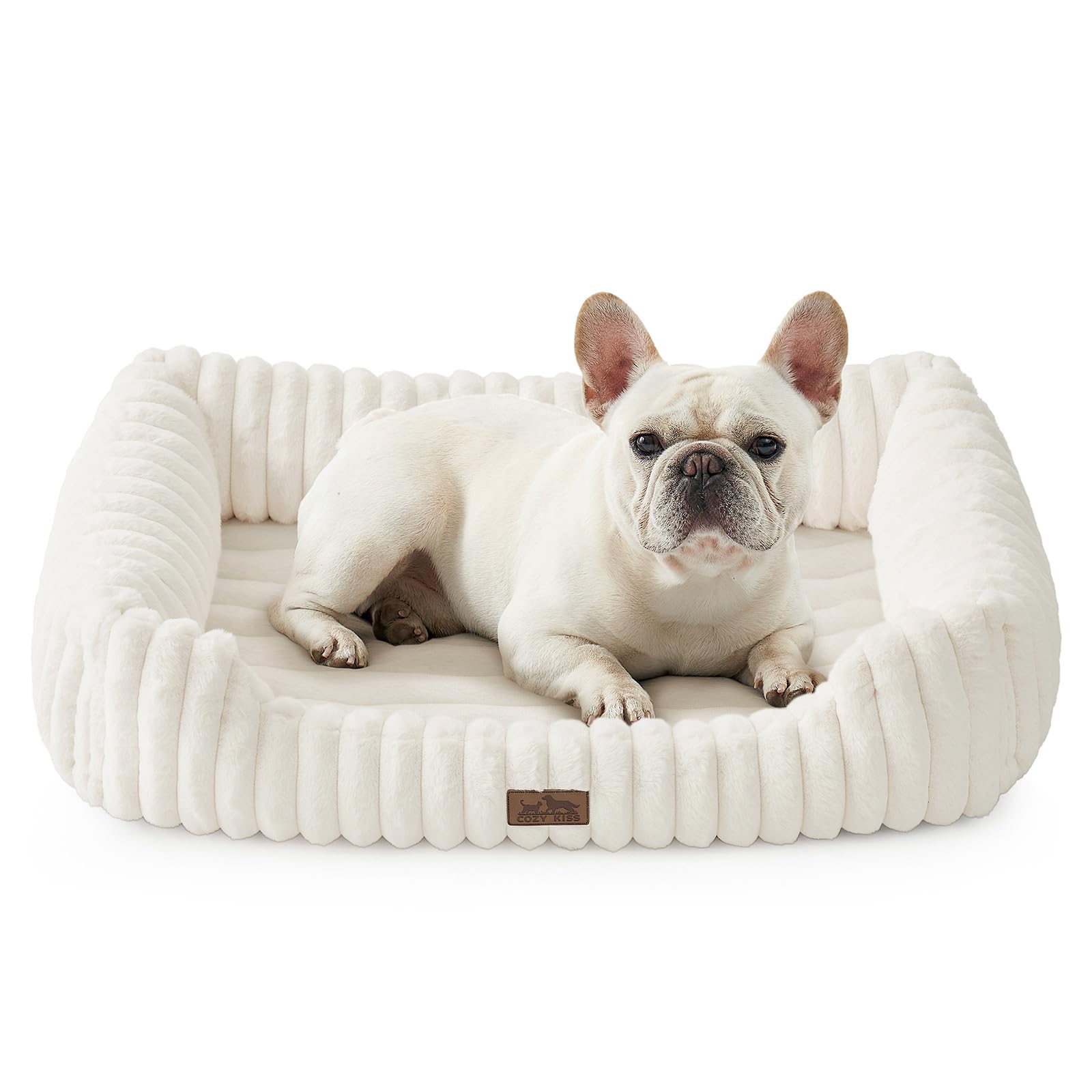 COZY KISS Orthopädisches Hundebett, waschbar, Beige, 76 x 58 cm mit hoher Umrandung und Kunstfellbezug