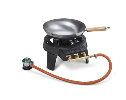 Hot Wok 12 kW Gasbrenner Set Wok & Grillrost: Dunkler Metall-Gasbrenner mit Wok und Grillrost für schnelles Kochen und Braten.