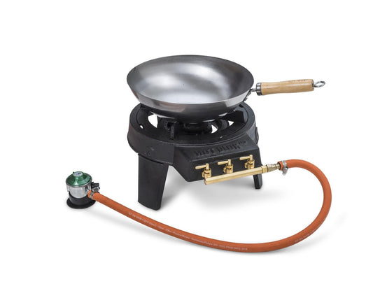 Hot Wok 12 kW Gasbrenner Set Wok & Grillrost: Dunkler Metall-Gasbrenner mit Wok und Grillrost für schnelles Kochen und Braten.