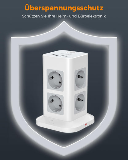 TESSAN Steckdosenturm 8-fach, USB-C, Überspannungsschutz, 10 m Kabel