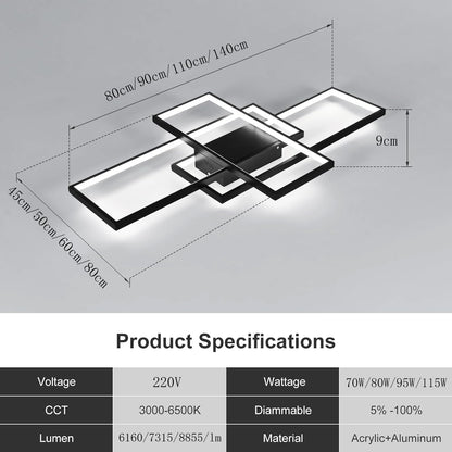 MQW Moderne Geometrische LED Deckenleuchte Dimmbar Wohnzimmer – Schwarz L80cm