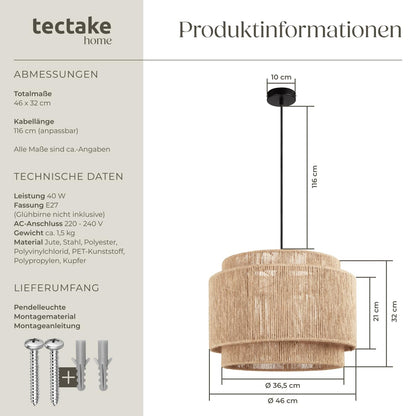 tectake Hängelampe Boho, Pendelleuchte aus Jute, Ø 46 cm, E27