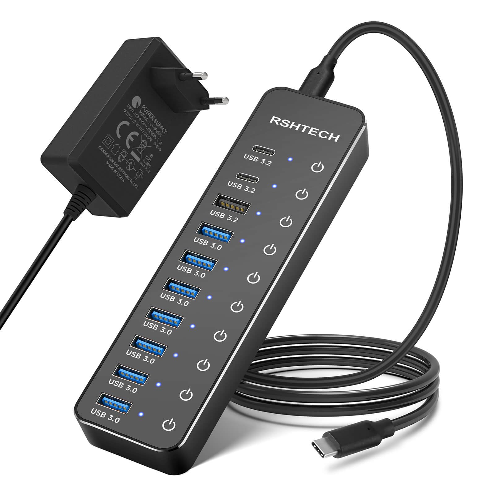 RSHTECH USB Hub 3.2 Aktiv 10 Port mit Netzteil - RSH-ST10C. Schwarzer Hub, erweitert Host-USB für Daten & stabile Geräteladung.