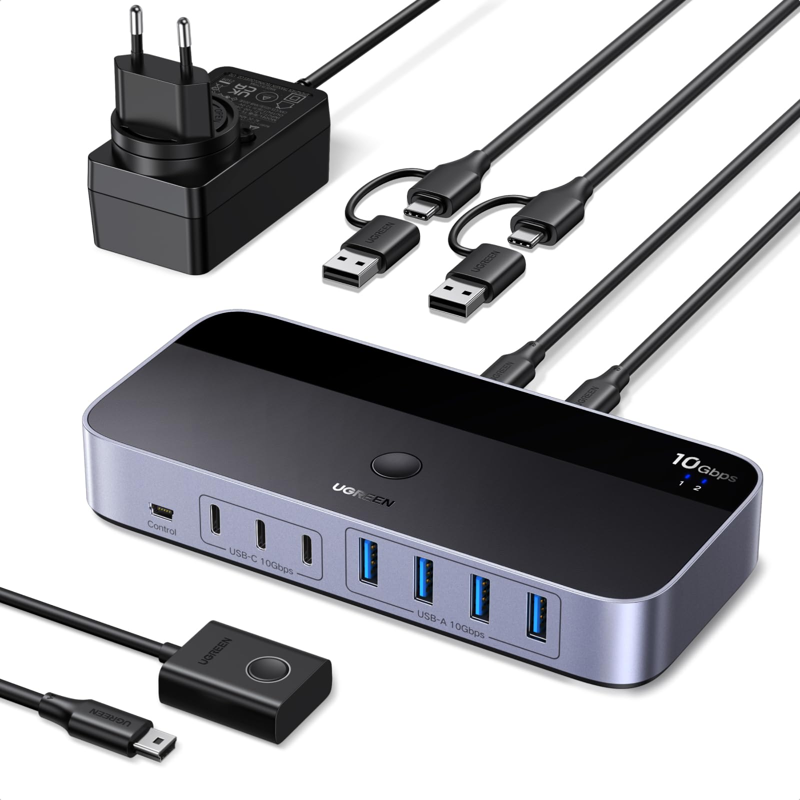 UGREEN USB Switch 2 In 7 Out 10Gbps, KVM Umschalter für 2 PCs mit 3 USB-C- und 4 USB-A-Ports