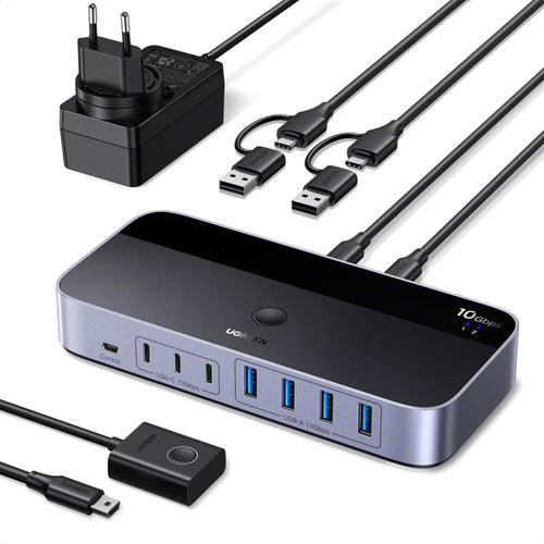 UGREEN USB Switch 2 In 7 Out 10Gbps, KVM Umschalter für 2 PCs mit 3 USB-C- und 4 USB-A-Ports
