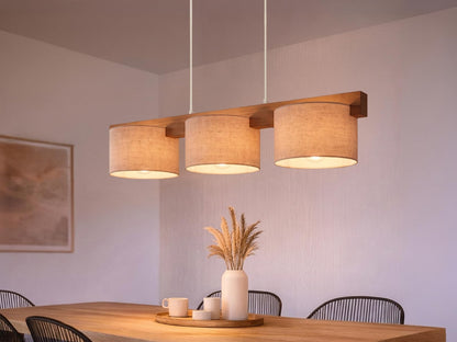 meineWunschleuchte Pendelleuchte Holz Stoff Beige 3-flammig E27