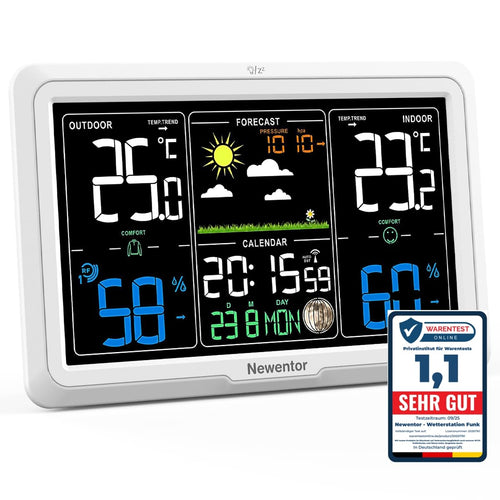 Newentor Funk-Wetterstation mit Aussensensor, VA-Display, Schwarz, digitale Anzeige mit Wettersymbolen und Uhrzeit