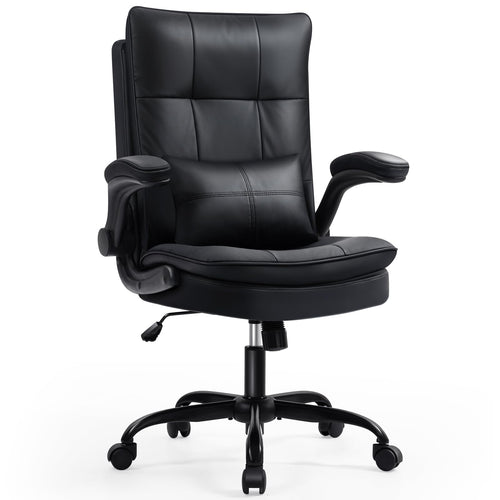 Asukale Ergonomischer Bürostuhl – Chefsessel Leder Schwarz. Hoher, schwarzer Lederstuhl mit Armlehnen und Fußkreuz. Bietet ergonomischen Komfort für langes Sitzen im Büro.