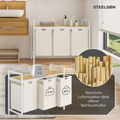 STEELSØN Rigil Wäschesammler – 3-Fach, Bambus Ablage Weiss