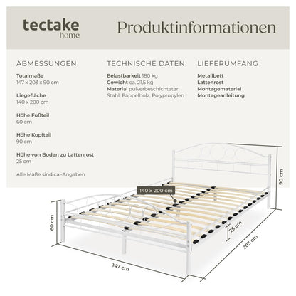 tectake® Metallbett Doppelbett mit Lattenrost 200x140cm Weiss