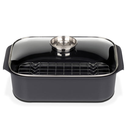 GSW Rechteckbräter Gourmet Aluguss mit Deckel und Grilleinsatz 8 L, schwarz, rechteckig, Glasdeckel