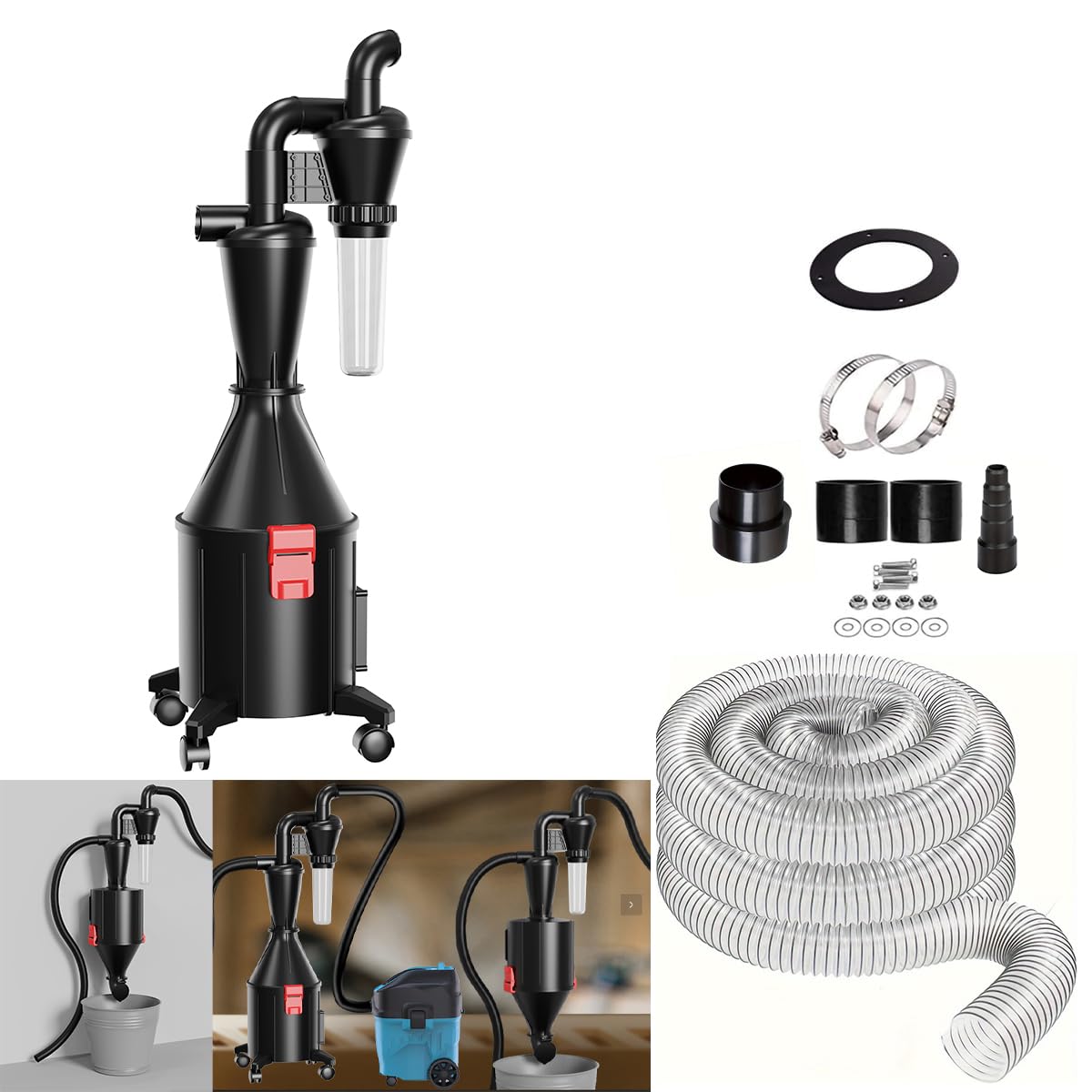 Doppelfilter Zyklon Staubsammler – 2-in-1 Eimer, Wandmontage. Kegelförmig, mit Doppelfilter und Auffangeimer. Trennt effektiv Grob- und Feinstaub in Werkstätten.