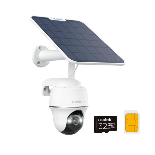Reolink Go PT Ultra Solarkamera - 4K 3G/4G LTE PTZ. Weiße PTZ-Kamera mit Solarpanel zur 4K-Überwachung abgelegener Orte via 4G/LTE.