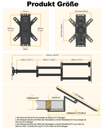 WHYFONE TV Wandhalterung schwenkbar Ecke 13-43 Zoll - 1036mm Arm