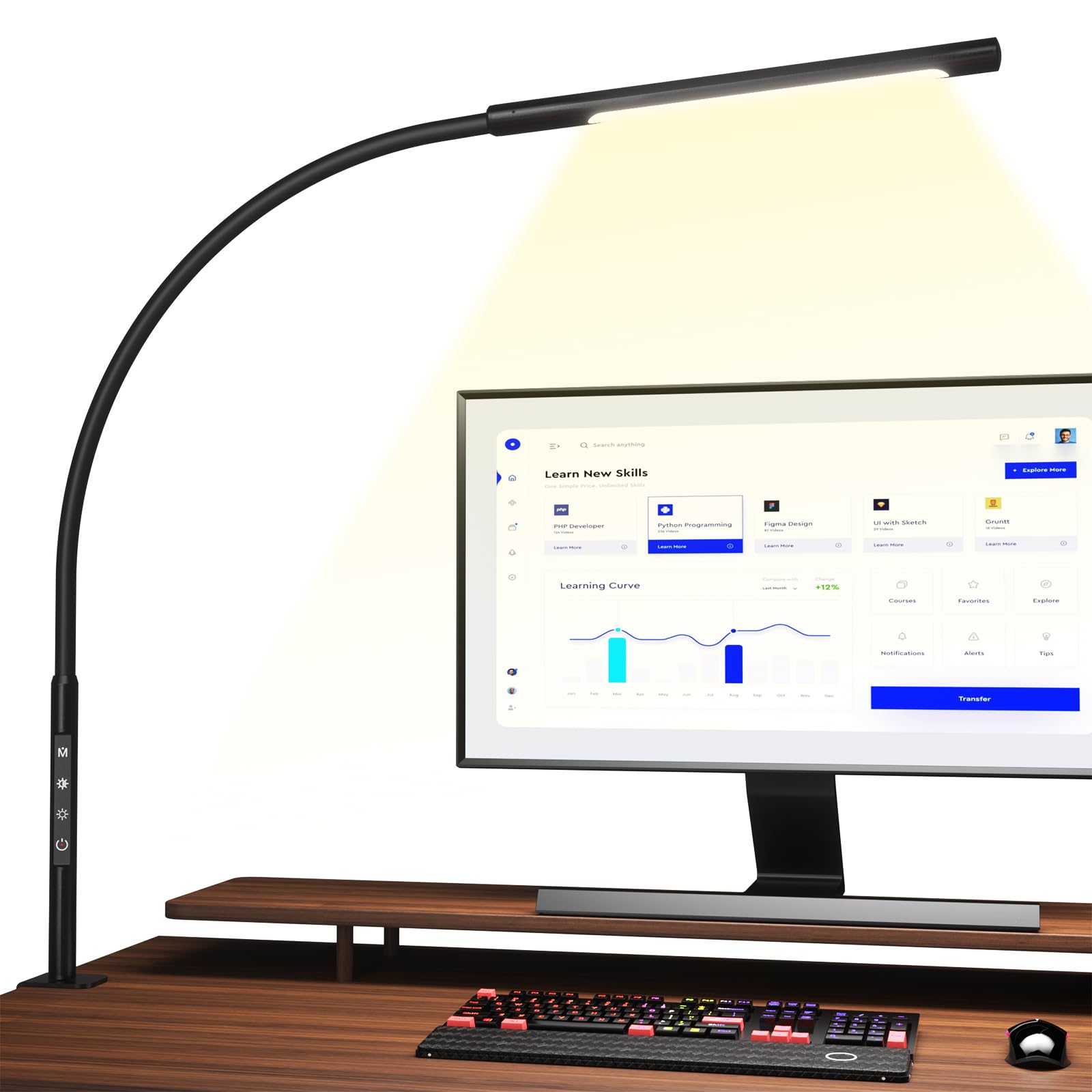 EYOCEAN LED Schreibtischlampe, dimmbare Klemmleuchte, schwarz, mit flexiblem Schwanenhals und Metallklammer